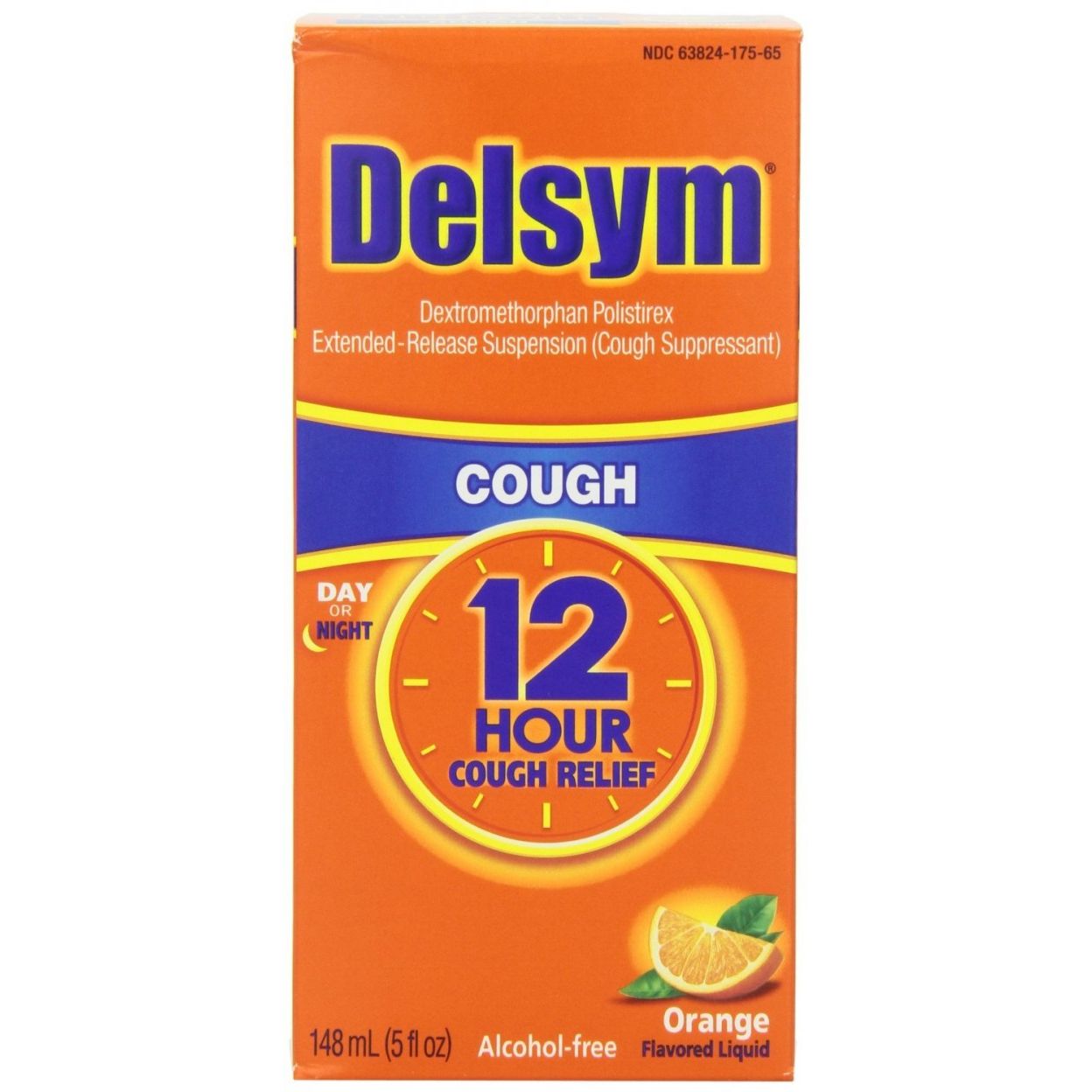 Delsym Cough Relief 12 Hour liquid in orange flavor, 5 oz bottle, health and beauty product from Pasteur Pharmacy