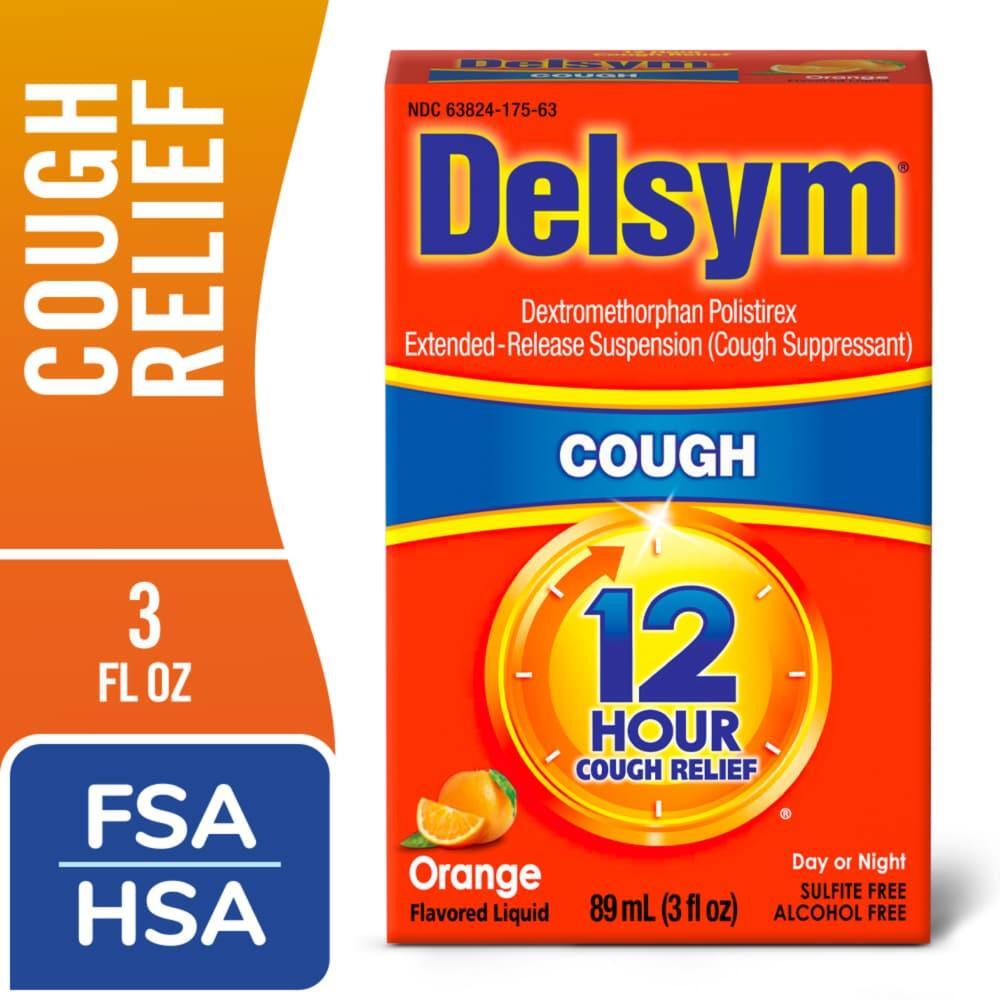 Delsym Cough Relief 12 Hour Liquid in orange flavor, 89ml bottle, health and beauty product by Pasteur Pharmacy.