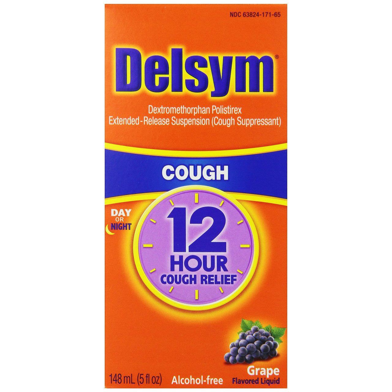 Delsym Cough Relief 12 Hr grape-flavored liquid in 5 fl oz bottle, effective for day or night cough relief, from Pasteur Pharmacy