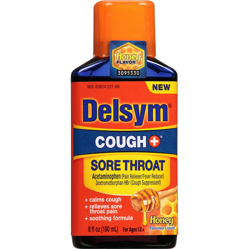 Delsym Cough + Sore Throat Honey Liquid in 6 Fl Oz bottle, a health and beauty remedy for cough and sore throat relief.