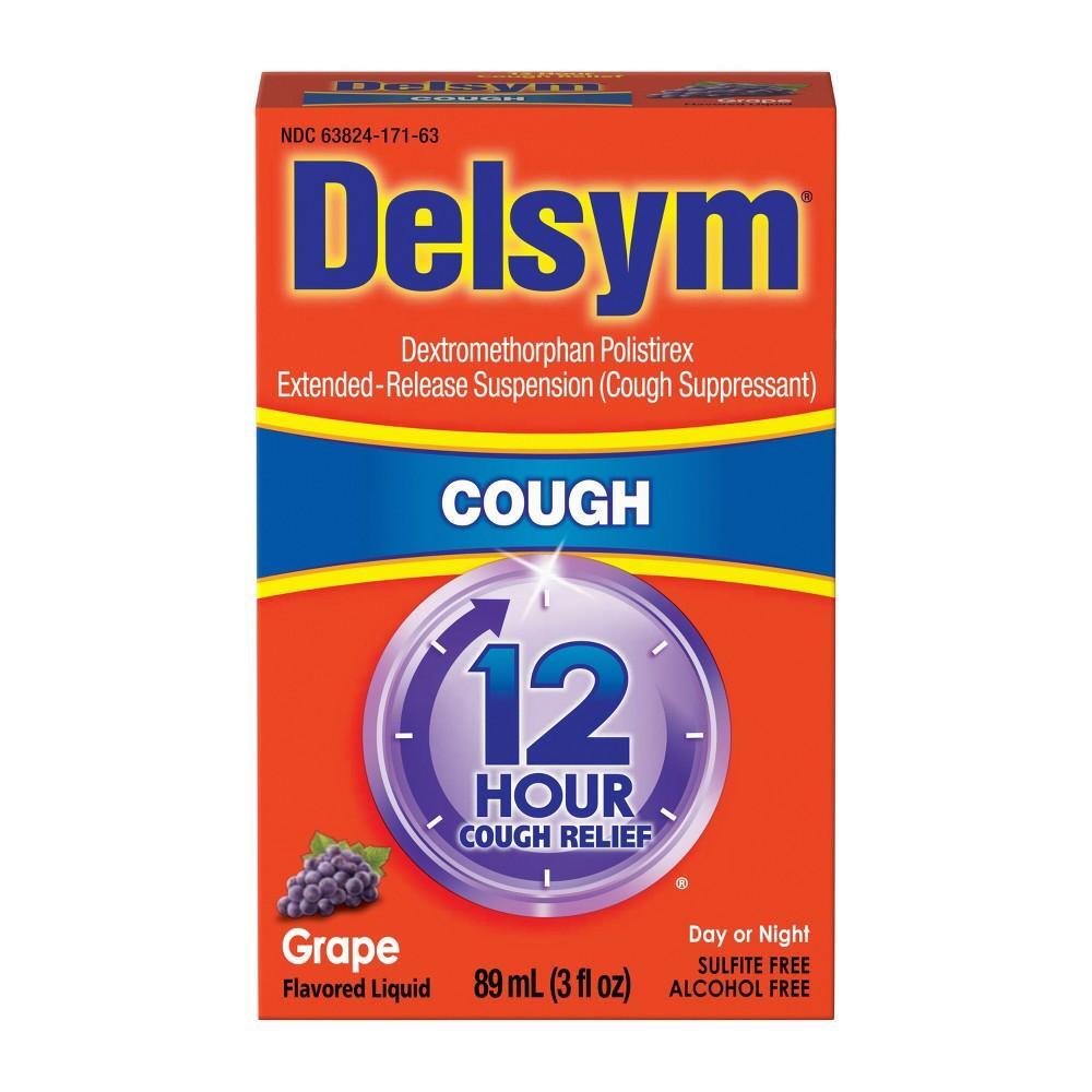 Delsym Cough Suppressant 12 Hour Relief grape-flavored liquid in a bottle, providing day or night cough relief.
