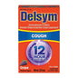 Delsym Cough Suppressant 12 Hour Relief grape-flavored liquid in a bottle, providing day or night cough relief.