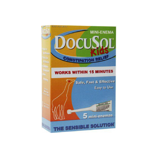 DocuSol Kids Constipation Relief Mini Enema by Pasteur Pharmacy, showing the packaging and applicator for gentle relief.