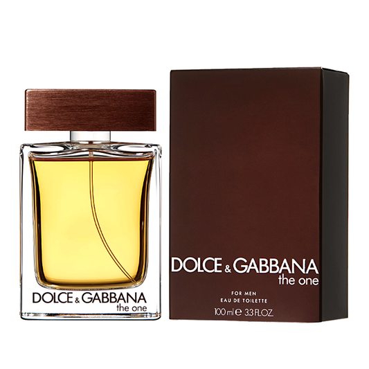 Dolce & Gabbana The One for Men Eau de Toilette spray, 3.3 oz, sleek bottle with black cap, luxurious men's fragrance.