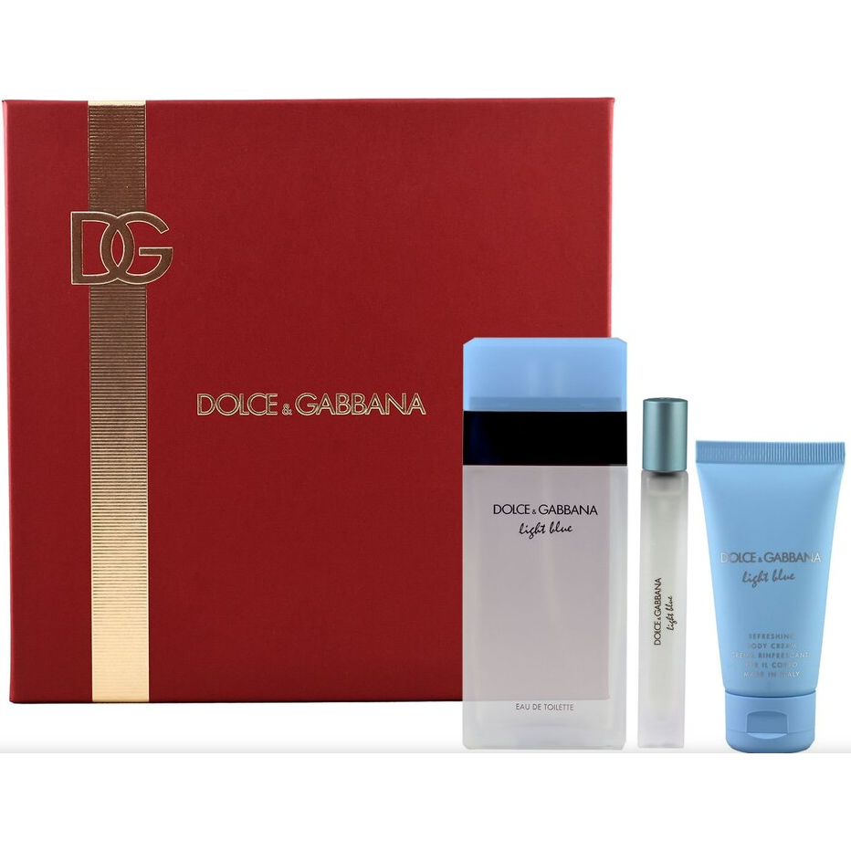 Dolce & Gabbana Light Blue 3-piece fragrance gift set for women, including perfume bottles and packaging, in a health and beauty display.