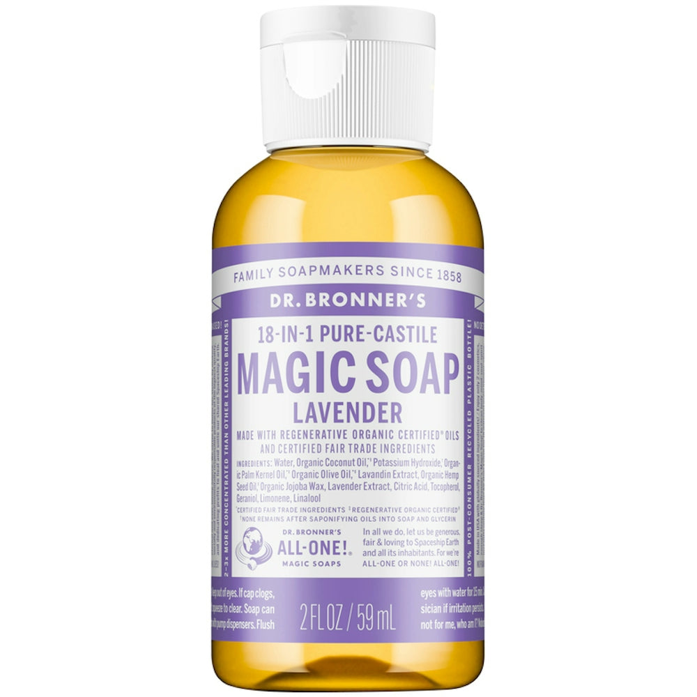 Dr. Bronner's Organic Lavender Hemp Castile Liquid Soap in 2 fl oz bottle, natural health and beauty product.