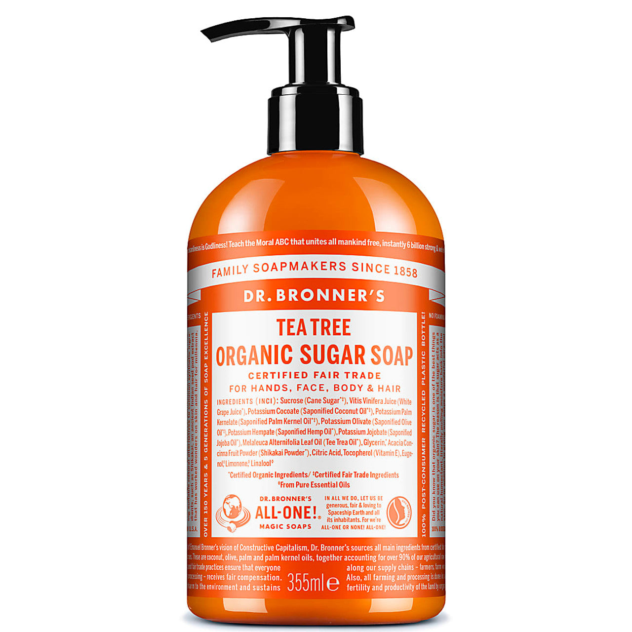 Dr. Bronner's Organic 4-in-1 Pump Soap with Tea Tree in 12 Fl Oz bottle, featuring a pump dispenser and label design.