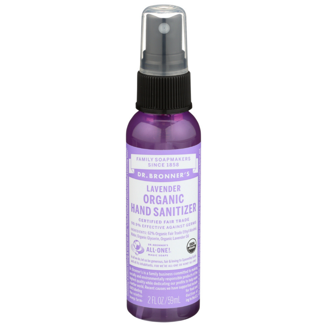 Organic lavender hand sanitizing spray by Dr. Bronner's in a 2 fl oz bottle, with a lavender-scented label and spray nozzle.