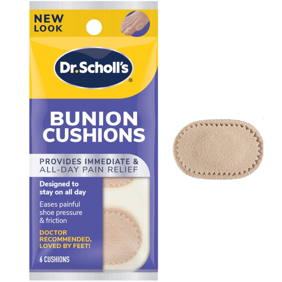 Dr. Scholl's Bunion Cushions for foot comfort, shown in packaging, designed to reduce bunion pain and pressure.