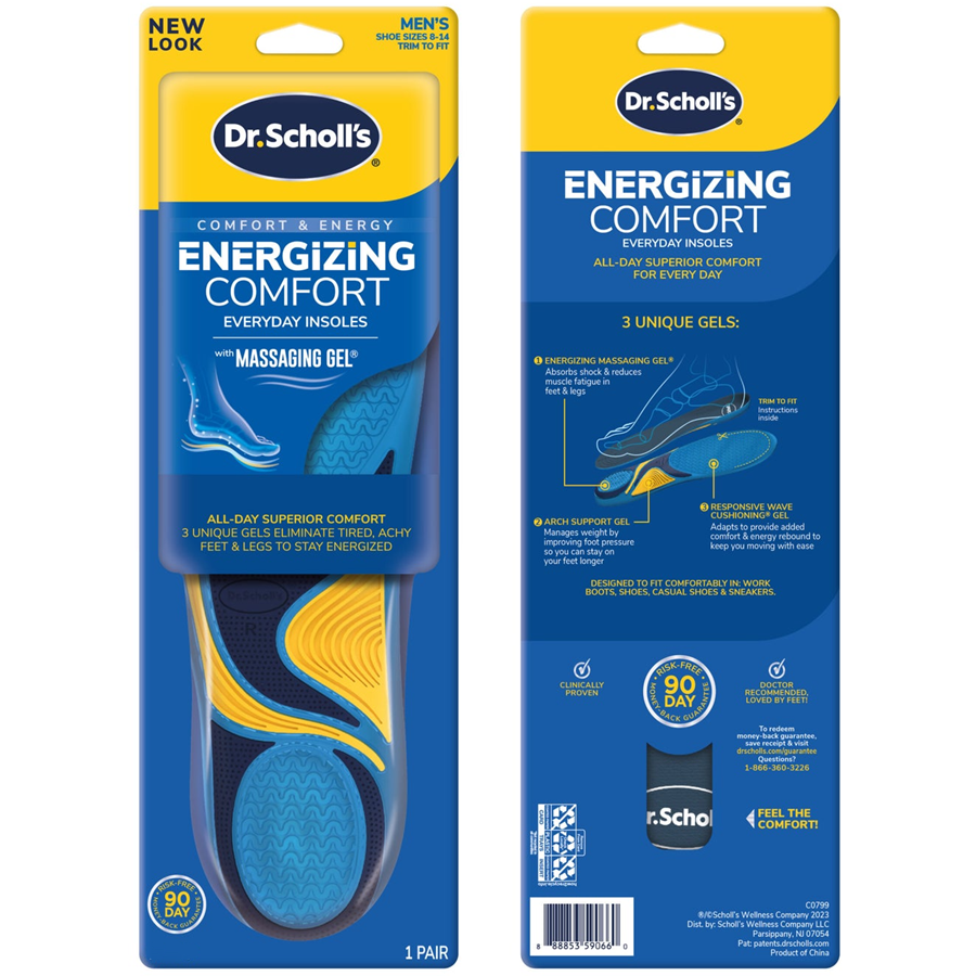 Dr. Scholl's Comfort & Energy massaging gel insoles for women, size 6-10, designed for enhanced comfort and support.