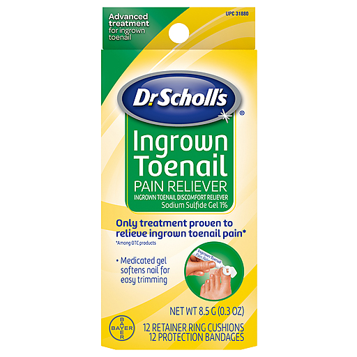 Dr Scholl's Ingrown Toenail Pain Reliever gel in a tube, designed to soothe ingrown toenail discomfort with sodium sulfide formula