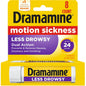 Dramamine All Day Less Drowsy Motion Sickness Relief Tablets 25 mg in blister pack, for nausea and travel discomfort.