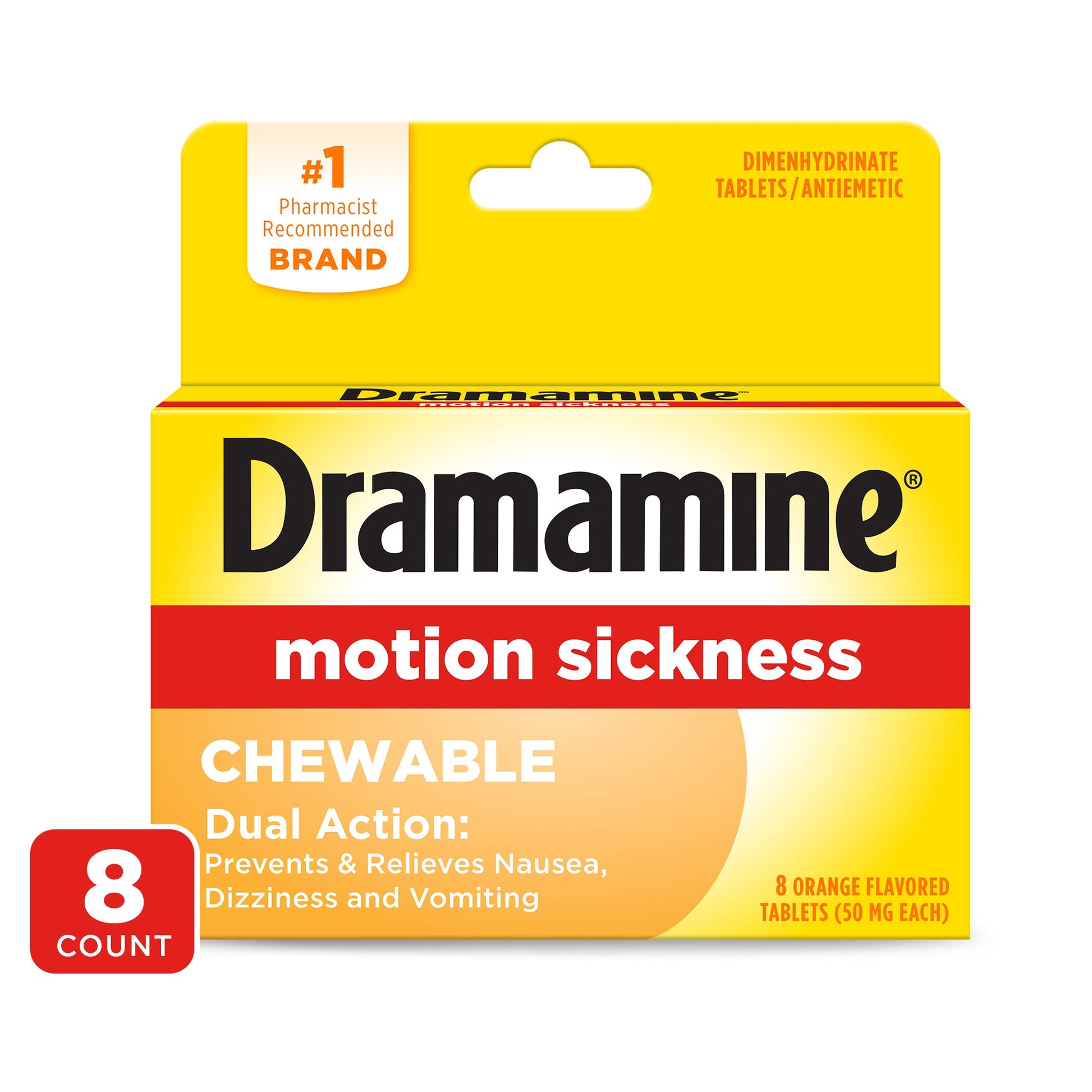 Dramamine Chewable Tablets 50 mg orange flavor for motion sickness relief, in blister pack, by Pasteur Pharmacy.