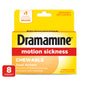 Dramamine Chewable Tablets 50 mg orange flavor for motion sickness relief, in blister pack, by Pasteur Pharmacy.