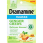 Dramamine Nausea Relief Soft Chews with ginger, lemon, and honey, in a clear package, designed to ease nausea naturally.
