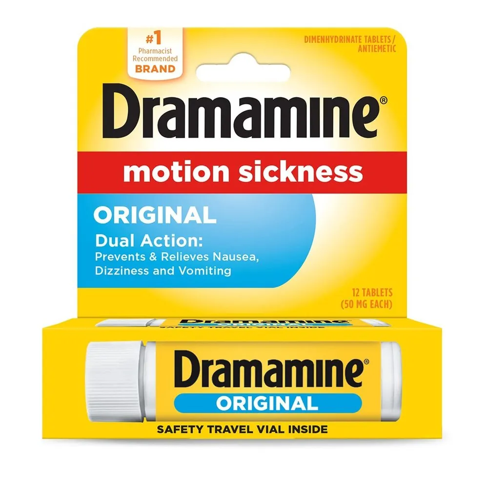 Dramamine Tablets Original Formula 50 Mg for motion sickness relief, displayed in blister pack with tablets on a white background.