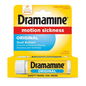 Dramamine Tablets Original Formula 50 Mg for motion sickness relief, displayed in blister pack with tablets on a white background.