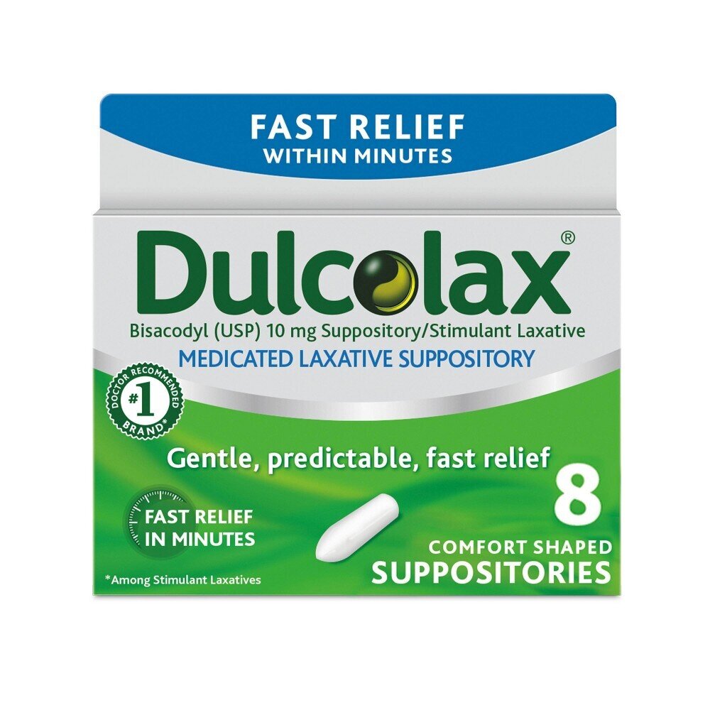 Dulcolax Laxative Suppositories in an 8 count package, designed for gentle bowel relief, branded by Pasteur Pharmacy.