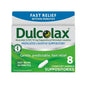 Dulcolax Laxative Suppositories in an 8 count package, designed for gentle bowel relief, branded by Pasteur Pharmacy.