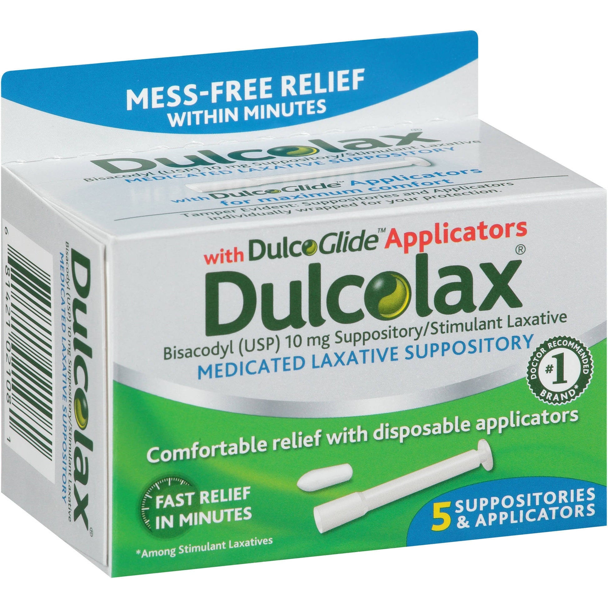 Dulcolax medicated laxative suppositories in a 5-count package, used for relief of constipation, displayed on a plain background.