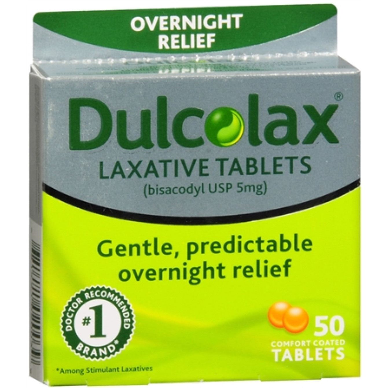 Dulcolax Overnight Laxative 5 mg comfort coated tablets, health and beauty product, shown in blister pack with tablets.