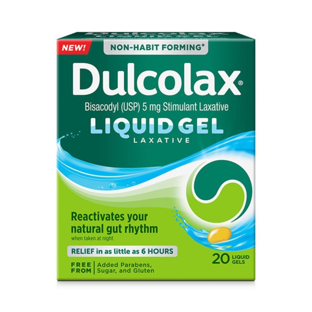 Dulcolax stimulant laxative liquid gels for constipation relief, shown in a blister pack with gel capsules.