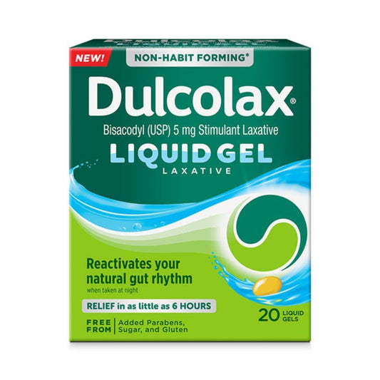 Dulcolax stimulant laxative liquid gels for constipation relief, shown in a blister pack with gel capsules.