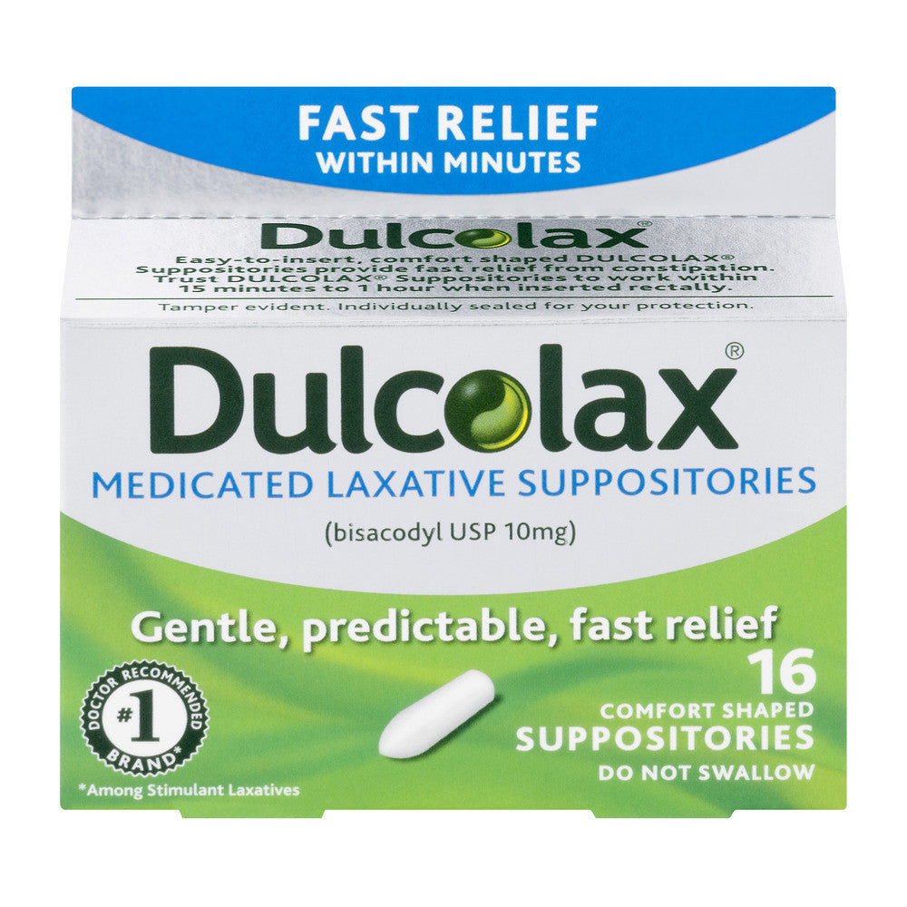 Dulcolax Suppositories medicated laxative 10 mg in comfort-shaped design, from Pasteur Pharmacy, for bowel relief.