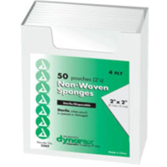 Dynarex sterile non-woven gauze sponges, 2x2 inches, 4-ply, pack of 2, used for wound care and medical dressing.