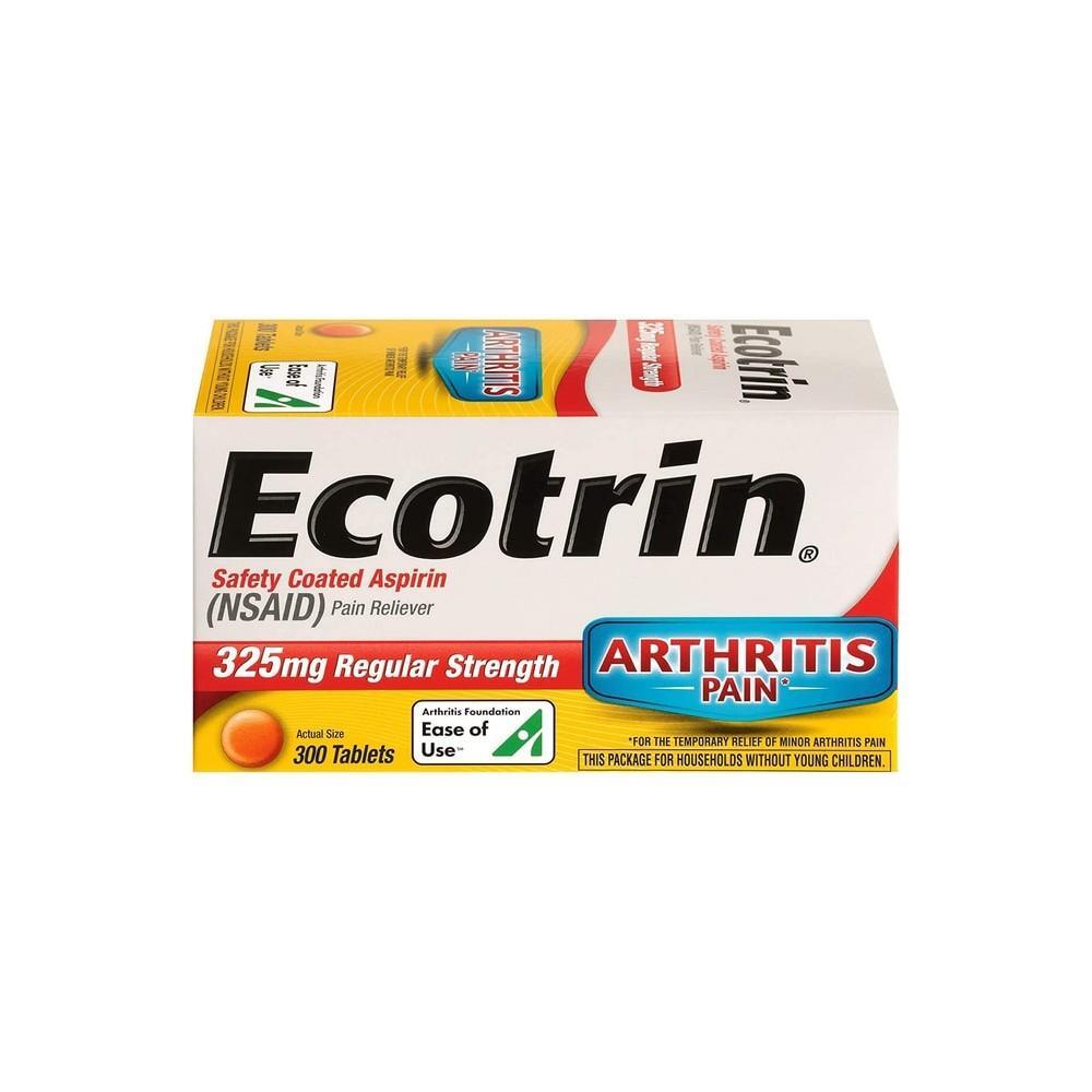 Ecotrin Safety Coated Aspirin 325mg, regular strength, 300 tablets, pain relief supplement from Pasteur Pharmacy.
