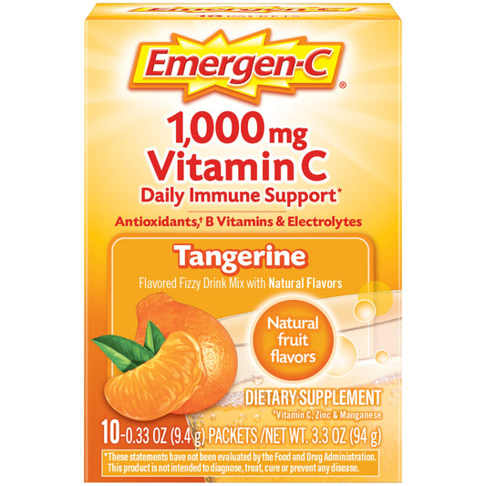 Emergen C Tangerine Flavor dietary supplement fizzy drink mix packets with vitamin C, caffeine-free, 10 count from Pasteur Pharmacy