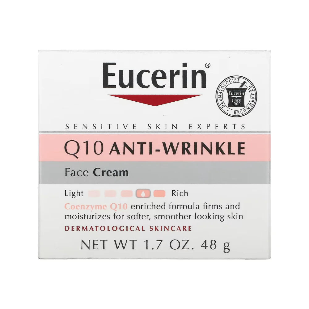Eucerin Q10 Anti-Wrinkle Sensitive Skin Unscented Face Cream in 1.7oz jar, suitable for gentle skincare and reducing wrinkles.