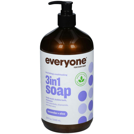 Everyone 3-in-1 Lavender and Aloe Soap bottle from Pasteur Pharmacy, 32 fl oz, showing the label and clear soap liquid inside.