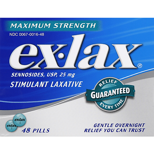 Ex-Lax Maximum Strength stimulant laxative pills for gentle overnight relief of constipation, displayed in a bottle.