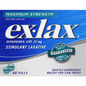 Ex-Lax Maximum Strength stimulant laxative pills for gentle overnight relief of constipation, displayed in a bottle.