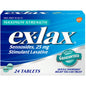 Ex-Lax Maximum Strength stimulant laxative pills for constipation relief, gentle laxatives, in a white bottle with label.