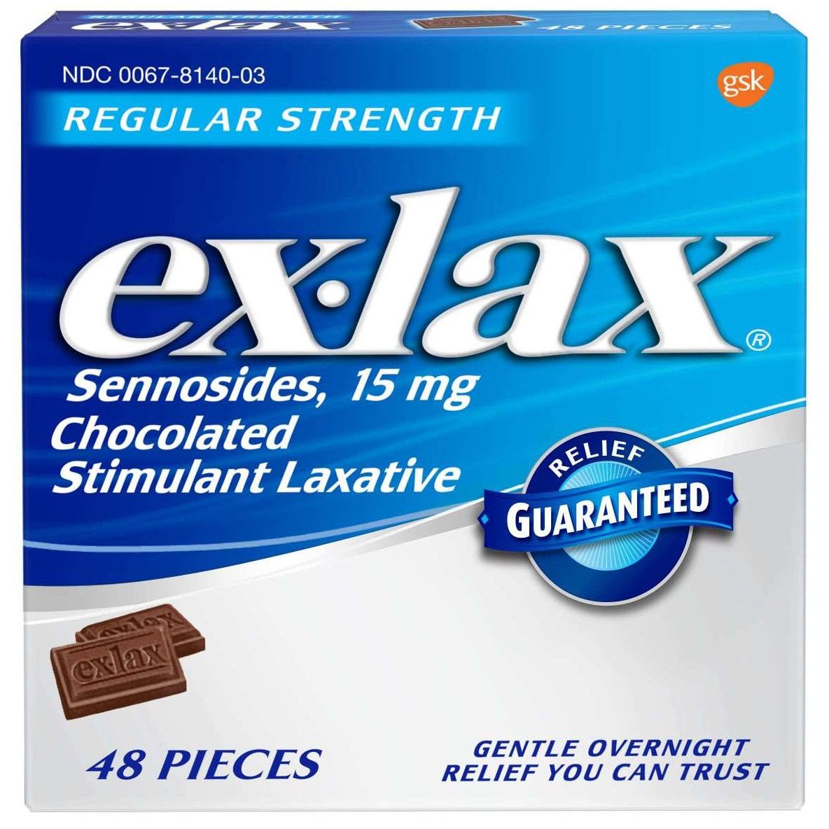 Ex-Lax Regular Strength Chocolate stimulant laxative box from Pasteur Pharmacy, showing packaging with product name and branding.