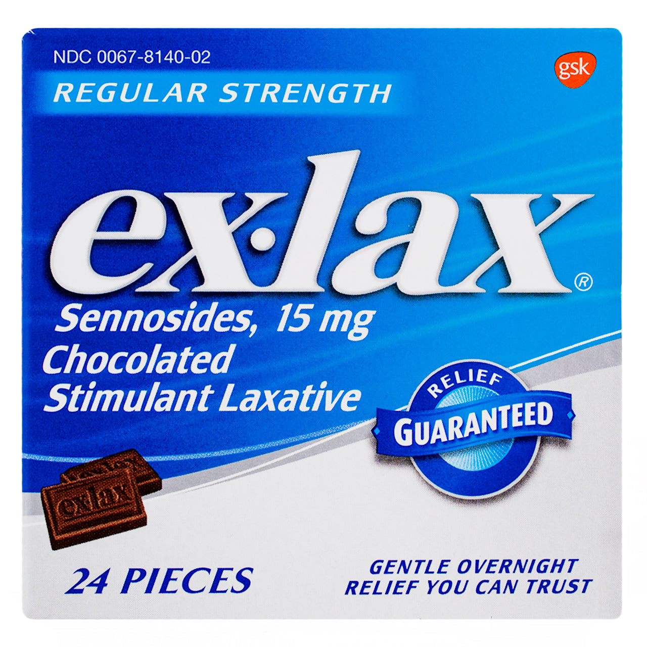 Ex-Lax Stimulant Laxative 15mg in chocolate, 24 count box, shown in packaging for health and beauty use.
