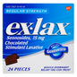 Ex-Lax Stimulant Laxative 15mg in chocolate, 24 count box, shown in packaging for health and beauty use.