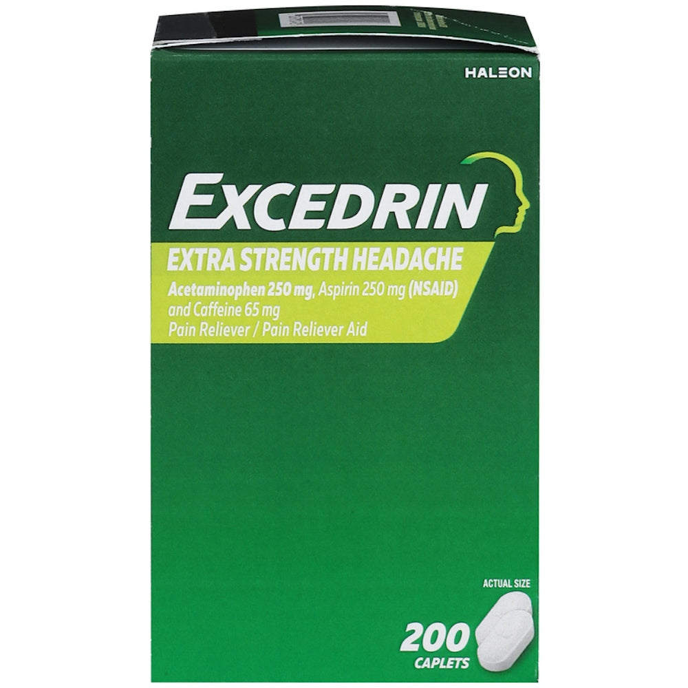 Excedrin Extra Strength caplets for headache pain relief, shown in blister pack, from Pasteur Pharmacy in health and beauty category.