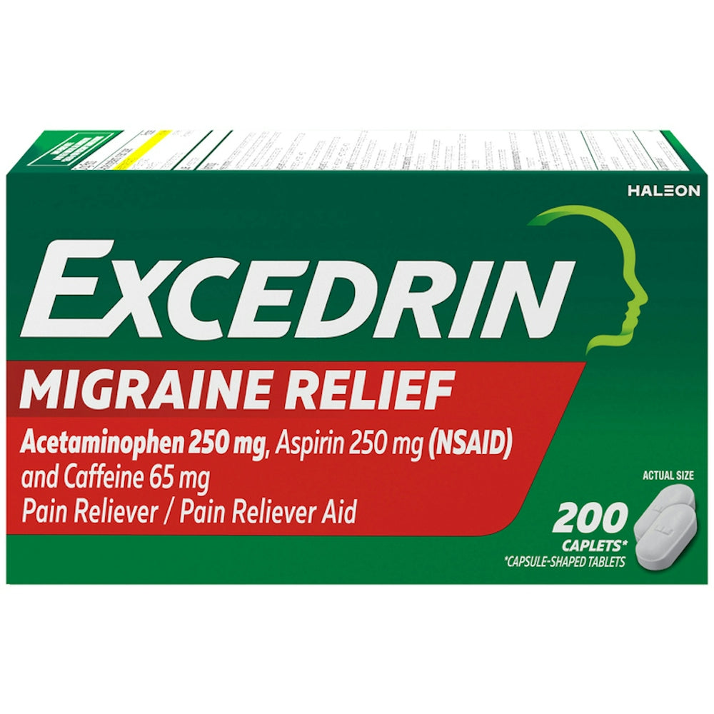 Excedrin Migraine Pain Relief 250 mg caplets in a blister pack, offering fast relief from migraine pain.