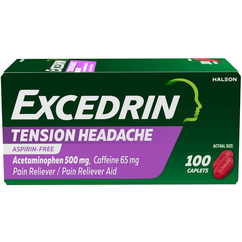 Excedrin Tension Headache caplets with acetaminophen and caffeine, aspirin-free pain relief, displayed in a blister pack.