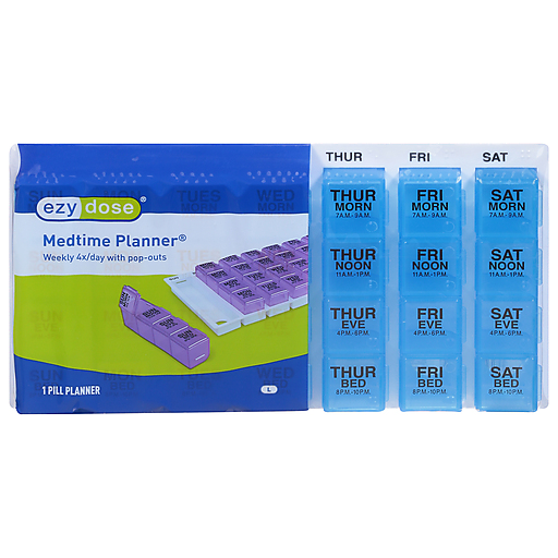 Ezy Dose Weekly Medication Organizer from Pasteur Pharmacy with labeled compartments for daily pill management.
