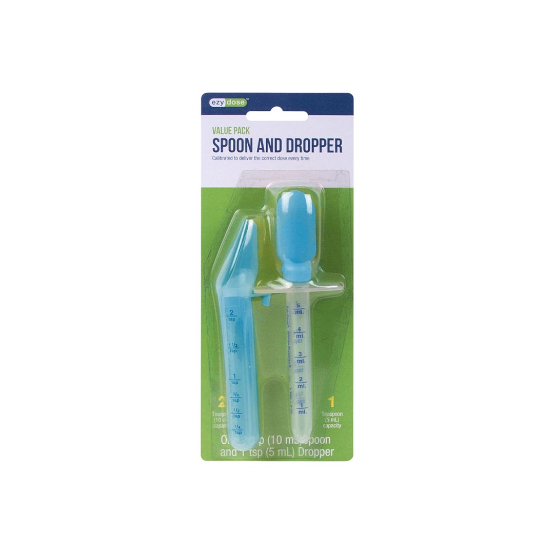 Ezy Dose medicine dropper and spoon for accurate liquid medication dosing, in clear plastic with blue accents.