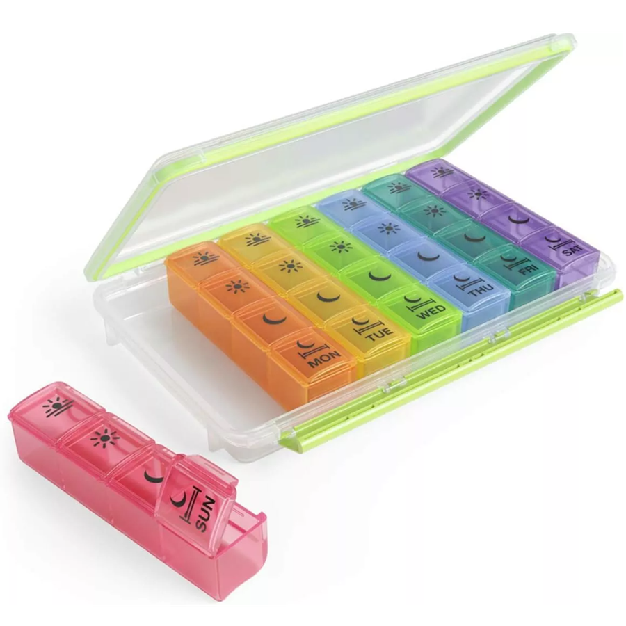 Ezy Dose Medtime Orgz weekly medication organizer in white, with 4 compartments for daily pill storage.