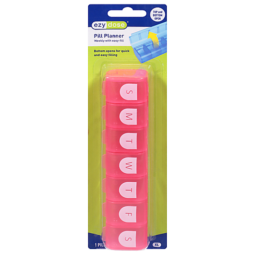 Ezy Dose Pill Organizer from Pasteur Pharmacy showing a weekly plastic pill container with labeled compartments for medication.