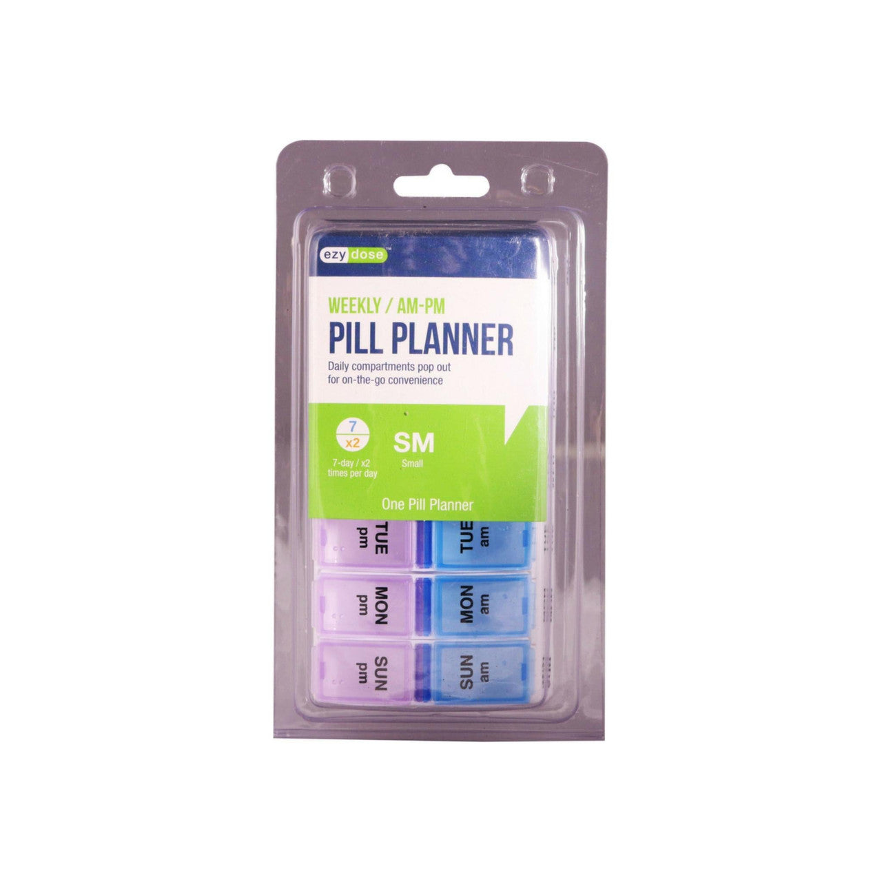 Small Ezy Dose Weekly AM/PM Travel Pill Planner by Pasteur Pharmacy for organizing daily medications on the go.