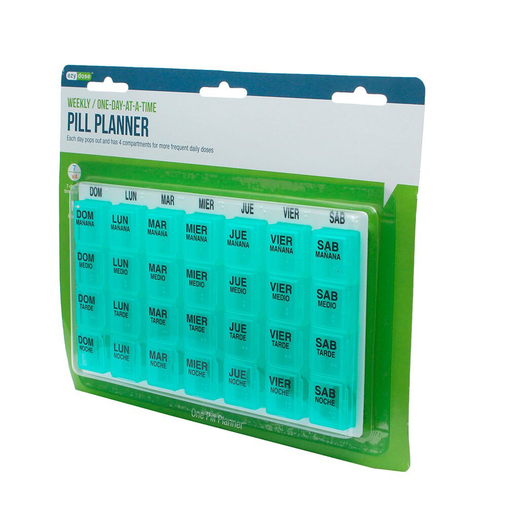 Ezy Dose Weekly Medication Organizer Tray in clear plastic with seven compartments for daily pill storage.