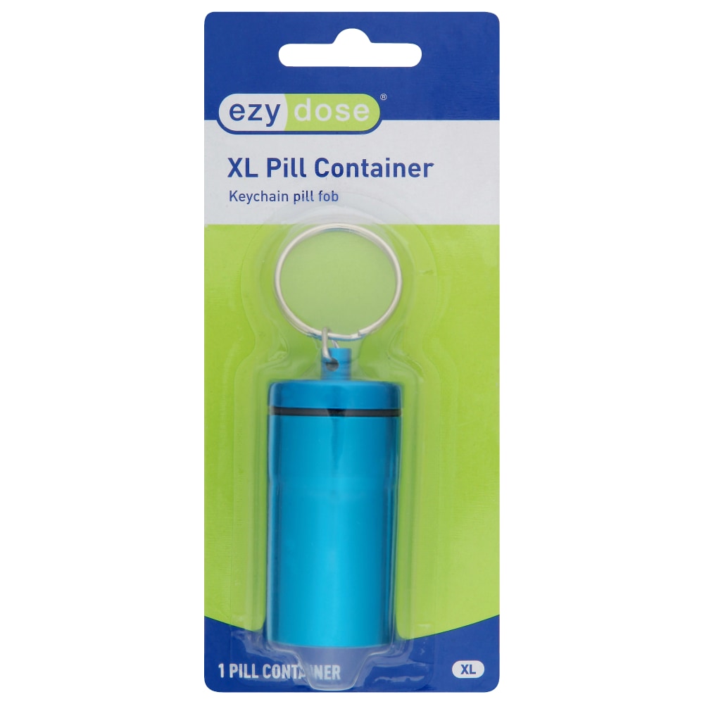 Ezy Dose XL pill container keychain fob in black with secure snap lid, portable health and beauty accessory by Pasteur Pharmacy