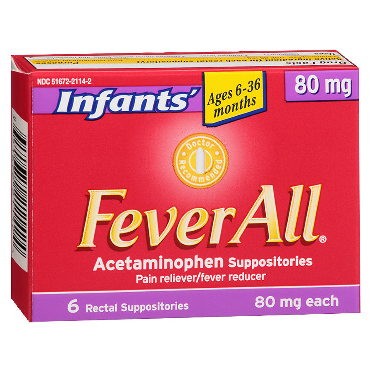 Infants FeverAll Acetaminophen 80 mg suppositories in packaging, designed for infant health and pain relief.